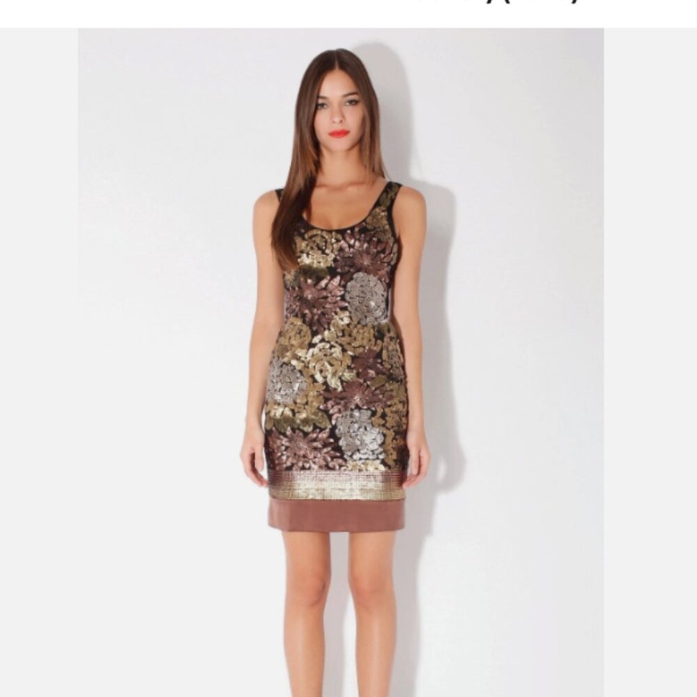 Hale Bob Gold Floral Sequin Cocktail Dress | Tank Sleeveless